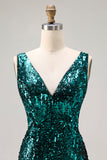 Robe de soirée longue à paillettes vert paon coupe sirène à dos ouvert avec fente