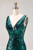 Robe de soirée longue à paillettes vert paon coupe sirène à dos ouvert avec fente