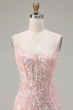 Corset à paillettes rose blush Sheath Straps longue robe de bal