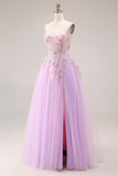 Robe longue de bal Sweetheart Lilas Tulle A-Line Appliquée avec fente