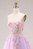 Robe longue de bal Sweetheart Lilas Tulle A-Line Appliquée avec fente