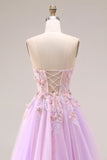 Robe longue de bal Sweetheart Lilas Tulle A-Line Appliquée avec fente