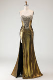 Robe de bal longue de bal sirène en bronze métallique brettée à perles et fendue