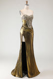 Robe de bal longue de bal sirène en bronze métallique brettée à perles et fendue
