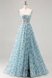 Robe de soirée longue bleue coupe A à motif floral avec fente élégante