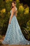 Robe de bal longue de bal à la ligne fleurie bleue à perles en dentelle remontée dans le dos, longue robe de bal avec fente