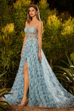 Robe de bal longue de bal à la ligne fleurie bleue à perles en dentelle remontée dans le dos, longue robe de bal avec fente