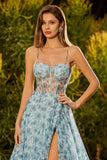 Robe de bal longue de bal à la ligne fleurie bleue à perles en dentelle remontée dans le dos, longue robe de bal avec fente