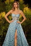 Robe de bal longue de bal à la ligne fleurie bleue à perles en dentelle remontée dans le dos, longue robe de bal avec fente