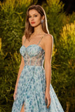 Robe de bal longue de bal à la ligne fleurie bleue à perles en dentelle remontée dans le dos, longue robe de bal avec fente