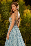Robe de bal longue de bal à la ligne fleurie bleue à perles en dentelle remontée dans le dos, longue robe de bal avec fente