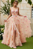 Fleur de champagne Corset à volants Une longue robe de bal avec fente