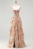 Robe de soirée longue ivoire ligne A bustier transparent brodée de fleurs avec fente et volants