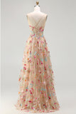 Robe de soirée longue ivoire ligne A bustier transparent brodée de fleurs avec fente et volants