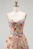 Robe de soirée longue ivoire ligne A bustier transparent brodée de fleurs avec fente et volants