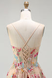 Robe de soirée longue ivoire ligne A bustier transparent brodée de fleurs avec fente et volants