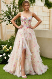 Fleur d’ivoire Corset à volants longue robe de bal avec fente