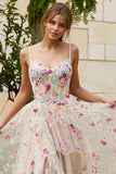 Fleur d’ivoire Corset à volants longue robe de bal avec fente