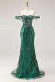 Corset de bal à paillettes en paillettes, sirène vert foncé et longue robe de bal avec perles