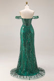 Corset de bal à paillettes en paillettes, sirène vert foncé et longue robe de bal avec perles