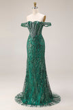 Corset de bal à paillettes en paillettes, sirène vert foncé et longue robe de bal avec perles