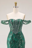 Corset de bal à paillettes en paillettes, sirène vert foncé et longue robe de bal avec perles