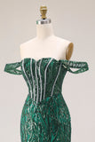 Corset de bal à paillettes en paillettes, sirène vert foncé et longue robe de bal avec perles