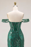 Corset de bal à paillettes en paillettes, sirène vert foncé et longue robe de bal avec perles
