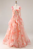 Robe longue de bal à motifs floraux à volants découpée Sunset A-Line avec un nœud