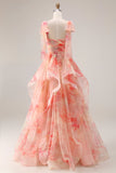 Robe longue de bal à motifs floraux à volants découpée Sunset A-Line avec un nœud