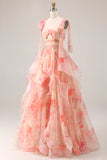 Robe longue de bal à motifs floraux à volants découpée Sunset A-Line avec un nœud