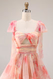 Robe longue de bal à motifs floraux à volants découpée Sunset A-Line avec un nœud