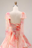 Robe longue de bal à motifs floraux à volants découpée Sunset A-Line avec un nœud