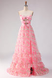 Robe de bal rose rose, sans bretelles florales, ligne en A, longue robe de promo avec fente
