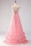 Robe de bal rose rose, sans bretelles florales, ligne en A, longue robe de promo avec fente