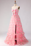 Robe de bal rose rose, sans bretelles florales, ligne en A, longue robe de promo avec fente