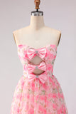 Robe de bal rose rose, sans bretelles florales, ligne en A, longue robe de promo avec fente