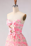 Robe de bal rose rose, sans bretelles florales, ligne en A, longue robe de promo avec fente