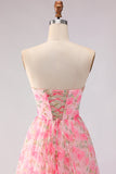 Robe de bal rose rose, sans bretelles florales, ligne en A, longue robe de promo avec fente