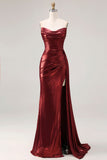 Robe de bal de bal longue sirène de promo sans bretelles en bourgogne métallique