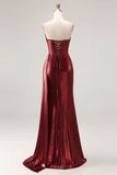 Robe de bal de bal longue sirène de promo sans bretelles en bourgogne métallique