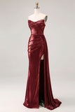 Robe de bal de bal longue sirène de promo sans bretelles en bourgogne métallique