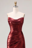 Robe de bal de bal longue sirène de promo sans bretelles en bourgogne métallique