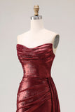 Robe de bal de bal longue sirène de promo sans bretelles en bourgogne métallique