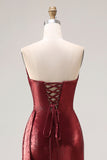 Robe de bal de bal longue sirène de promo sans bretelles en bourgogne métallique