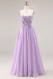 Corset de bal longue, corset sans bretelles à lis appliqué lilas