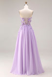 Corset de bal longue, corset sans bretelles à lis appliqué lilas