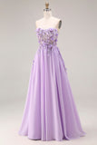 Corset de bal longue, corset sans bretelles à lis appliqué lilas
