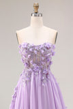 Corset de bal longue, corset sans bretelles à lis appliqué lilas