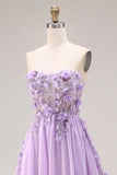 Corset de bal longue, corset sans bretelles à lis appliqué lilas
